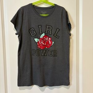 Girls Charcoal Gray Girl Power Graphic Tee with Rose Design